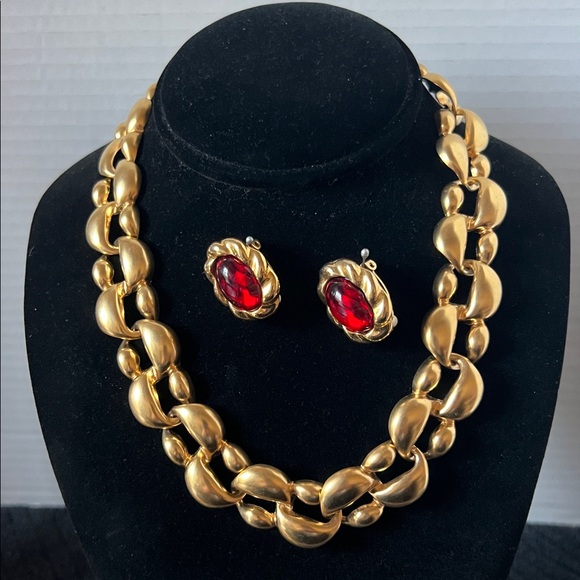Gold Necklace and Red Stone Clip-On Earring Set 8” Drop - Picture 7 of 8